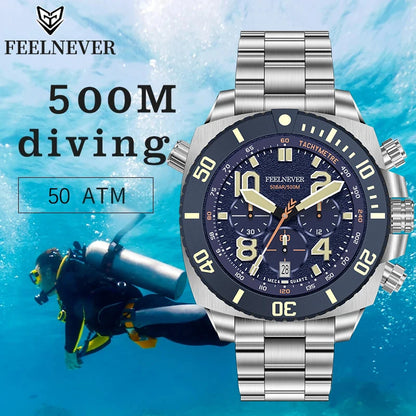 FeelNever Sport Automatic Movement Quartz Watch Stainless Steel Sapphire Crystal Watches for Men 500M Waterproof Clocks Watch for Men