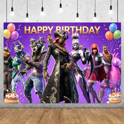 Fundo decorativo de aniversário com tema Fortnite — banner gamer Fortnite para meninos e meninas, pano de fundo para fotografia e presente para crianças