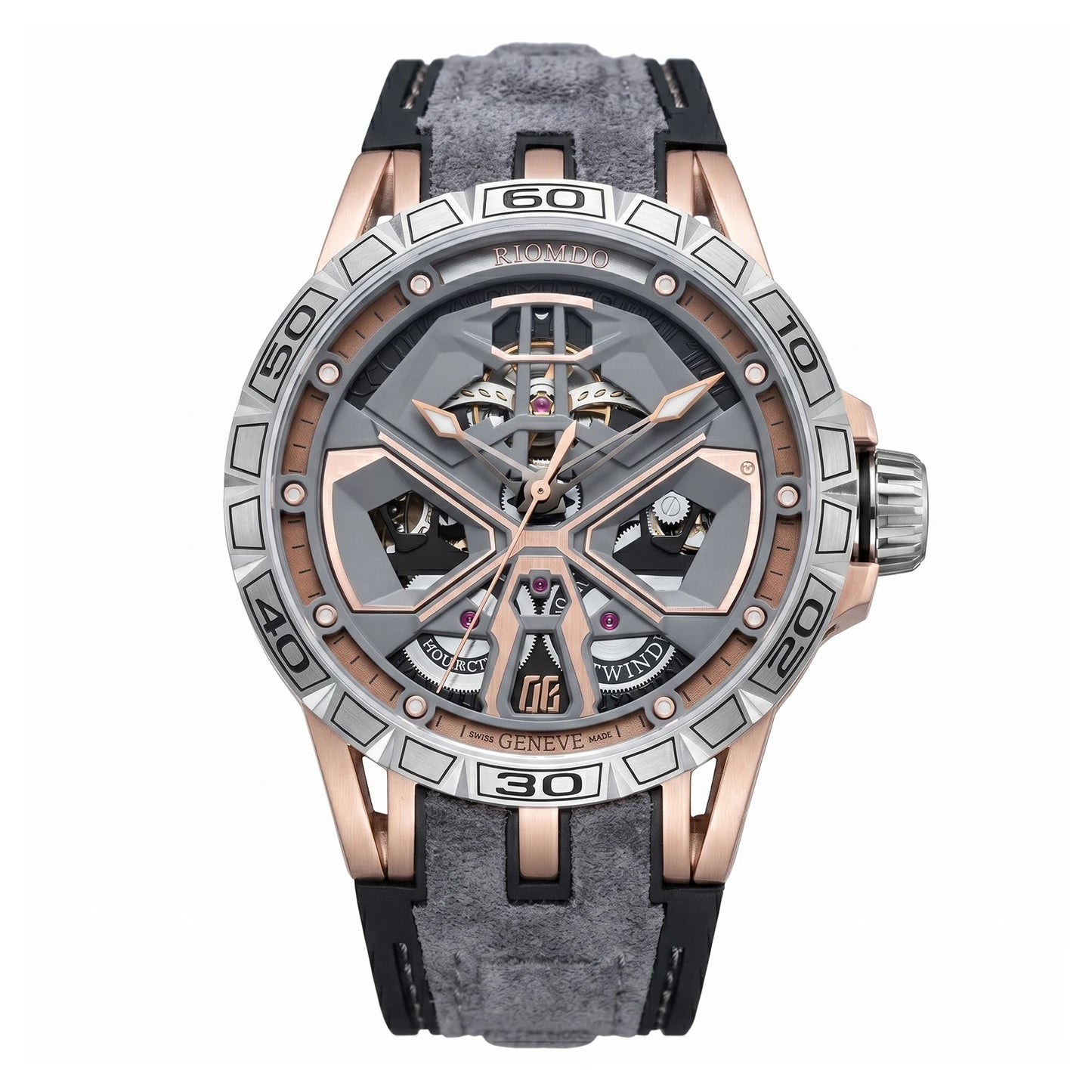 OBLVLO Mens Luxury Machinery Skeleton Mechanical Automatic Watches Analog Big Dial Blue Rubber Band Military Watch RD-909