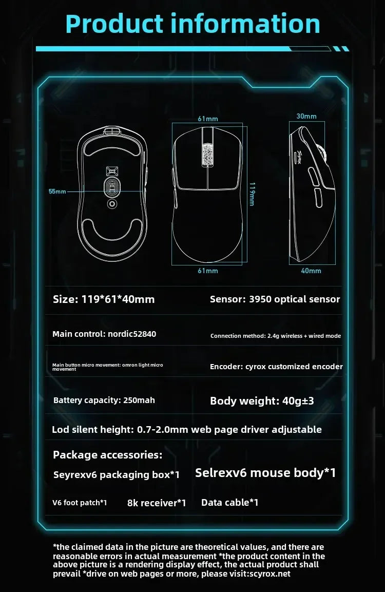 Ratón inalámbrico SCYROX V6 no poroso para esports, 40g, 750IPS, con receptor 8k, respuesta rápida, Pixart 3950, alta calidad, 8KHz, controlador web