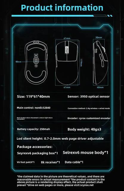 Ratón inalámbrico SCYROX V6 no poroso para esports, 40g, 750IPS, con receptor 8k, respuesta rápida, Pixart 3950, alta calidad, 8KHz, controlador web