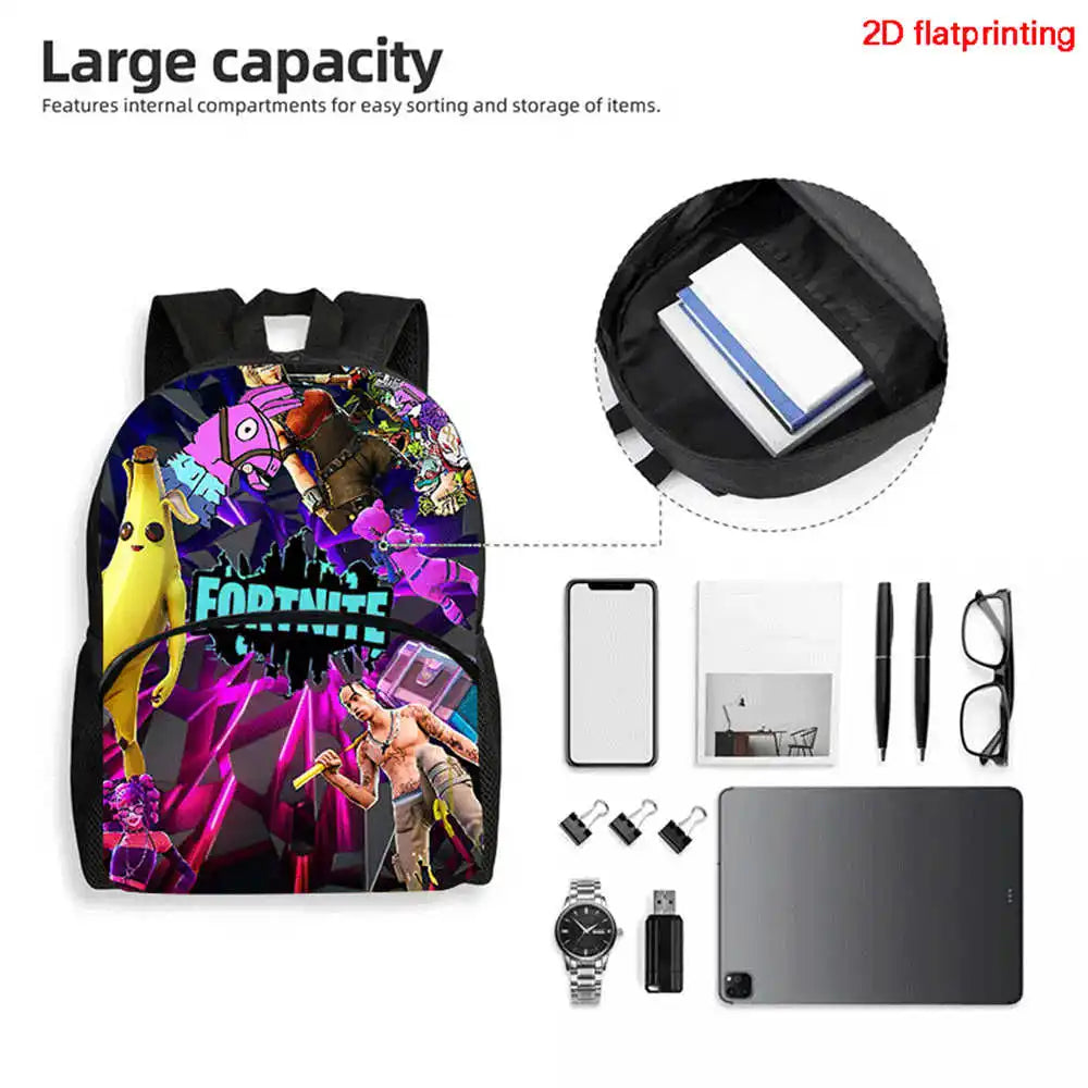 Fortnite Cartoon 2-Piece Set Backpack with Front Pocket Pencil Case Unisex Large Capacity School Bag Ages 5-8
