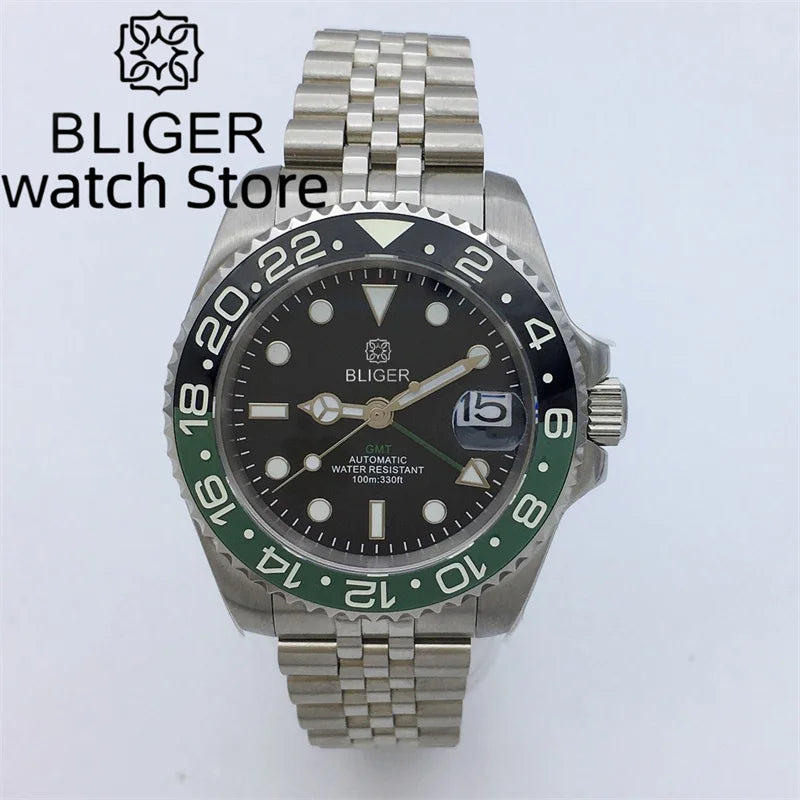 BLIGER 40mm NH34 GMT Watch For Men Mechanical Wristwatch Luminous Bezel Sapphire Glass Stainless Steel Bracelet Men's Watch