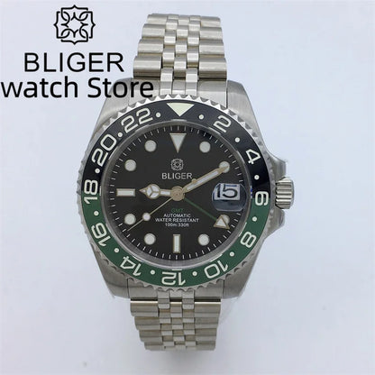 BLIGER 40mm NH34 GMT Watch For Men Mechanical Wristwatch Luminous Bezel Sapphire Glass Stainless Steel Bracelet Men's Watch