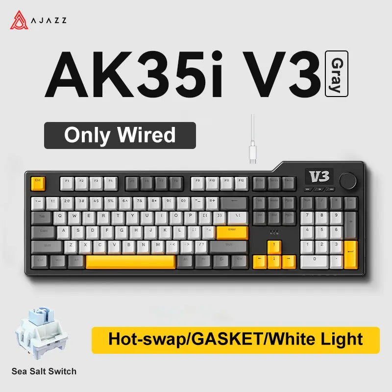 Nuova tastiera gaming personalizzata AJAZZ AK35I V3 MAX Tri-mode cablata, Bluetooth e wireless, struttura gasket, hot swap completo, 104 tasti