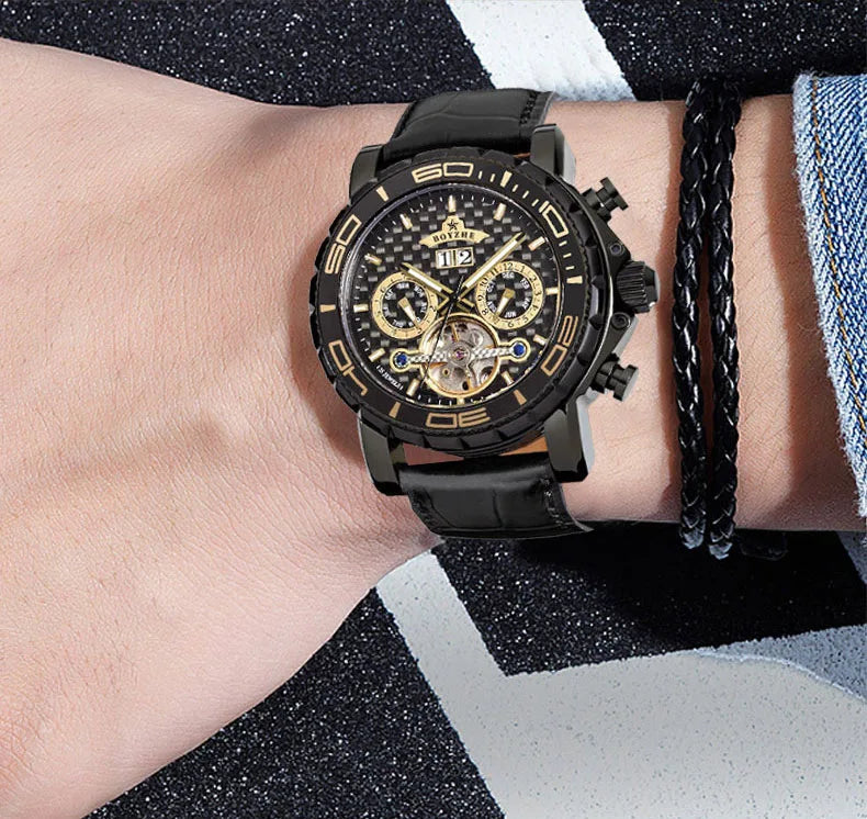 BOYZHE Brand Luxury Tourbillon Mechanical Watch Men Sports Leather Strap Waterproof Classic Date Week Automatic Sapphire Watches