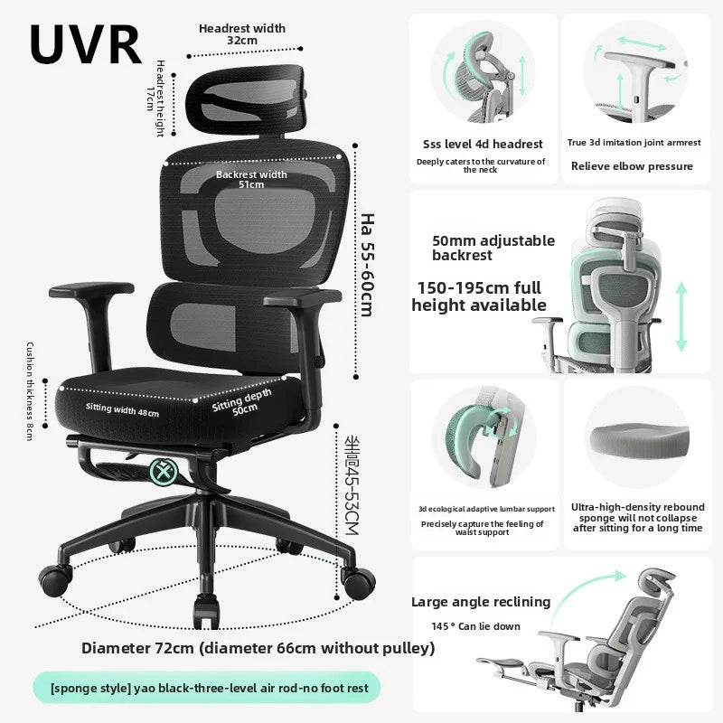 UVR Ergonomic Chair Lift Adjustable Swivel Chair Sedentary Comfort Mesh Staff Chair Reclinable Backrest Stool Mesh Office Chair