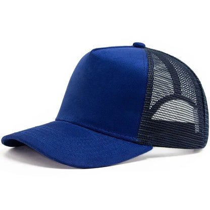 Boné trucker unissexo 2025 de 5 painéis em malha e camurça com logótipo personalizado, boné de basebol para homem, primavera/verão, respirável, desportivo, para mulher