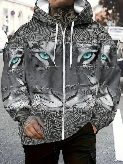 Sweatshirt com capuz e fecho para homem 2025, manga comprida, gráfico de tigre, estilo casual outdoor, com cordão e bolsos
