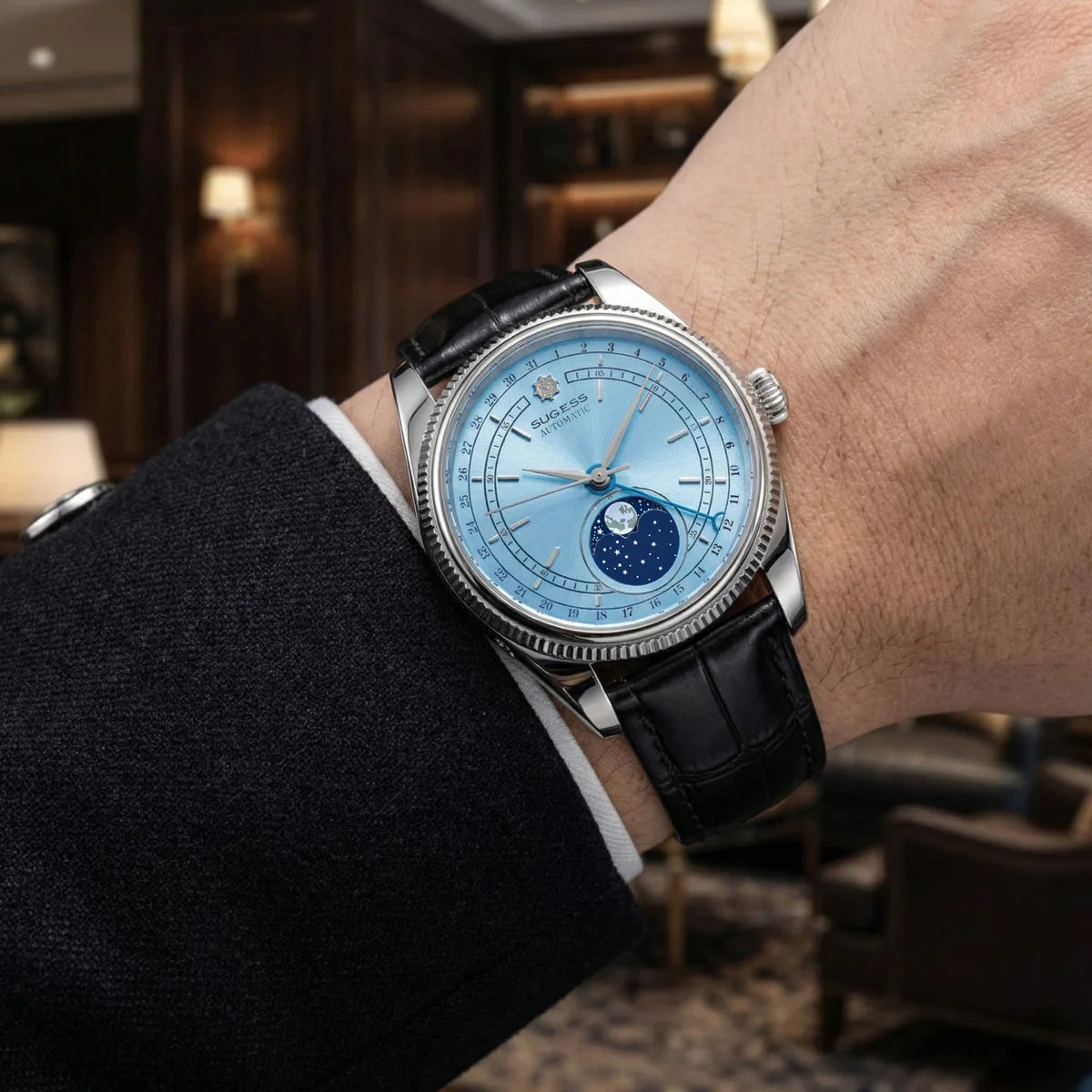 Sugess 40mm Men's Moonphase Automatic ST2108 Movement Sapphire Crystal Mechanical Wristwatch Waterproof Date 2024 New