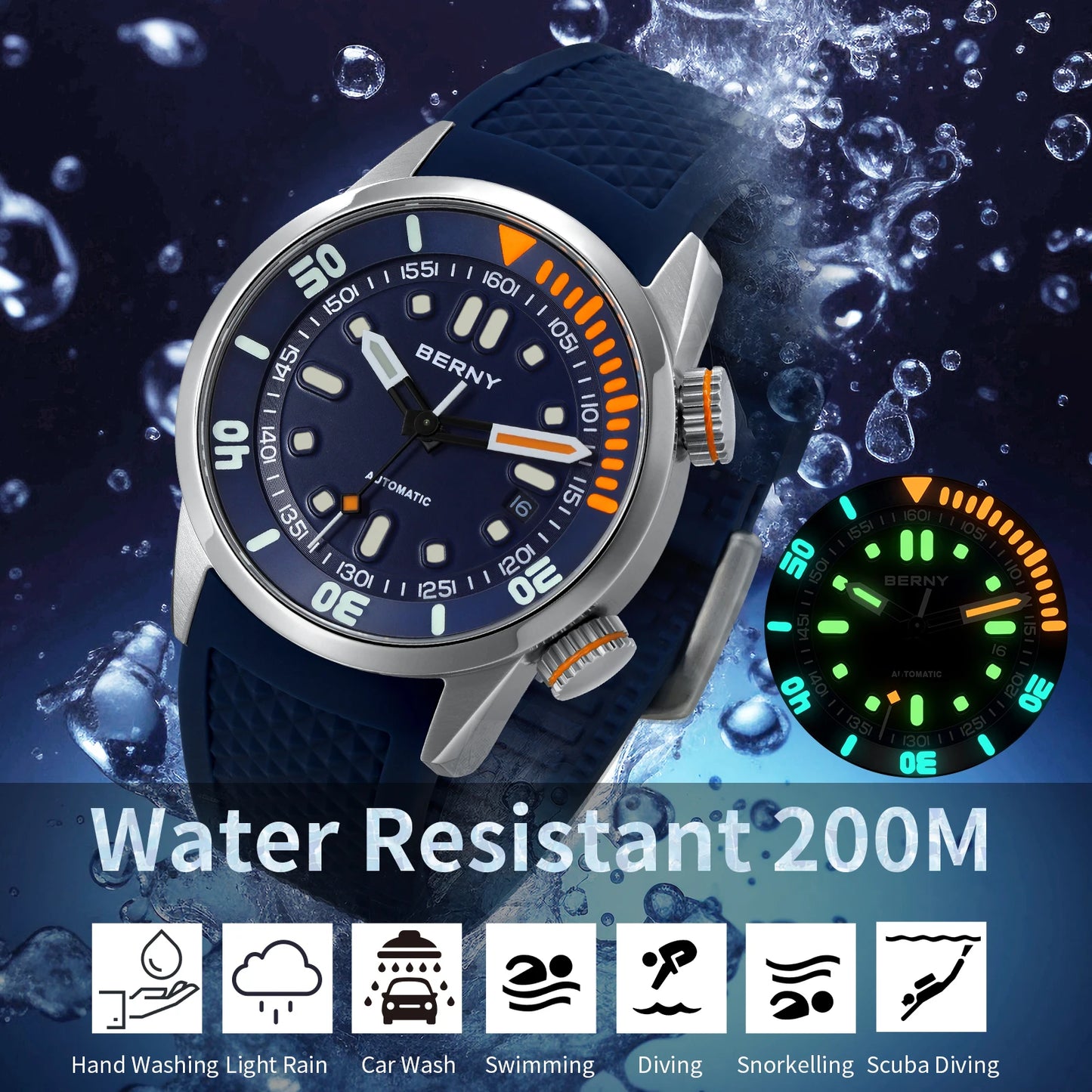 BERNY Automatic Professional Diving Watch for Men Super Luminous Scratch-resistant Sapphire Lens Top Mechanical Diver Watches