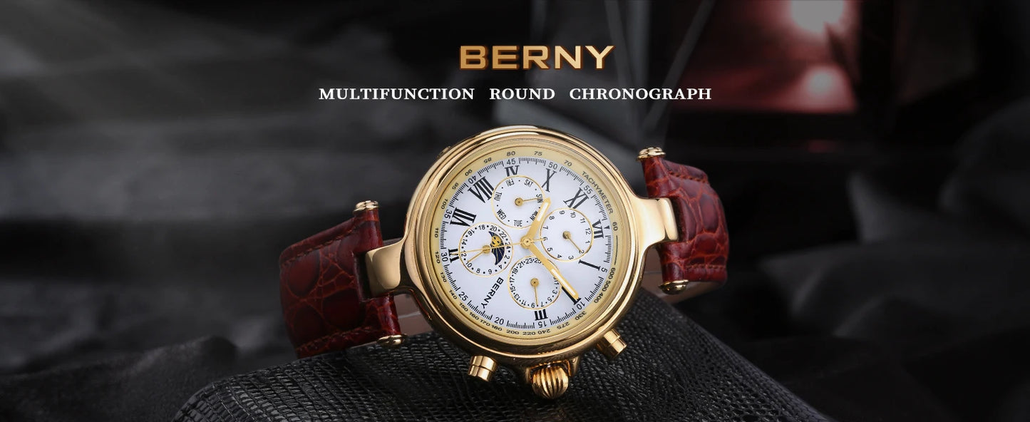 BERNY Classic Dress Automatic Watch for Men Luxury Stainless Steel Mechanical Wristwatch Leather Strap Waterproof Sliver Watches