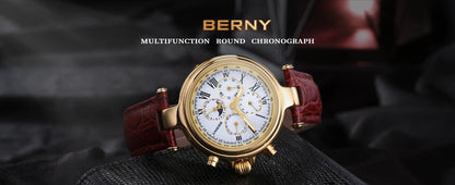 BERNY Classic Dress Automatic Watch for Men Luxury Stainless Steel Mechanical Wristwatch Leather Strap Waterproof Sliver Watches