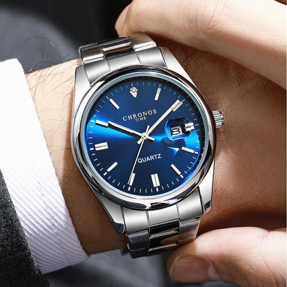 Ceas de mână pentru bărbați CHRONOS – Marcă de lux, rezistent la apă, luminat, cu afișaj al datei, din oțel inoxidabil, cu mecanism cu cuarț.