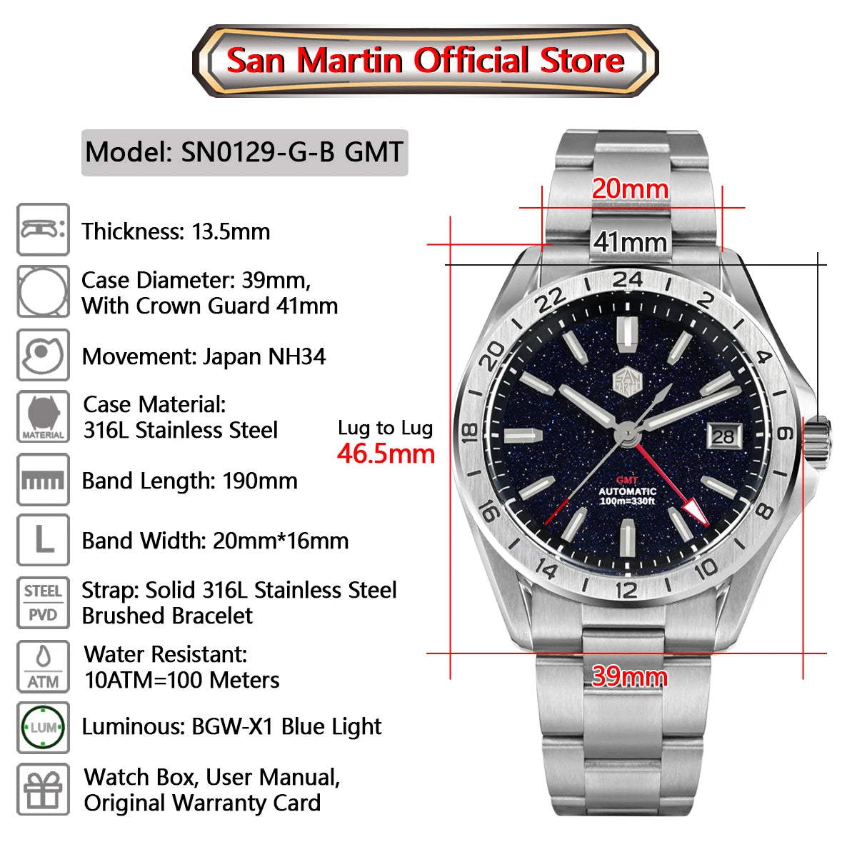 Reloj de lujo para hombre San Martin 39mm con esfera de aventurina, NH34 GMT automático mecánico, zafiro, resistente al agua, luminoso, SN0129