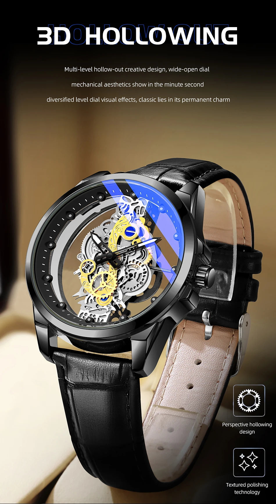 TPW Men’s Luxury Black & Gold Skeleton Quartz Watch Fashion Wristwatch