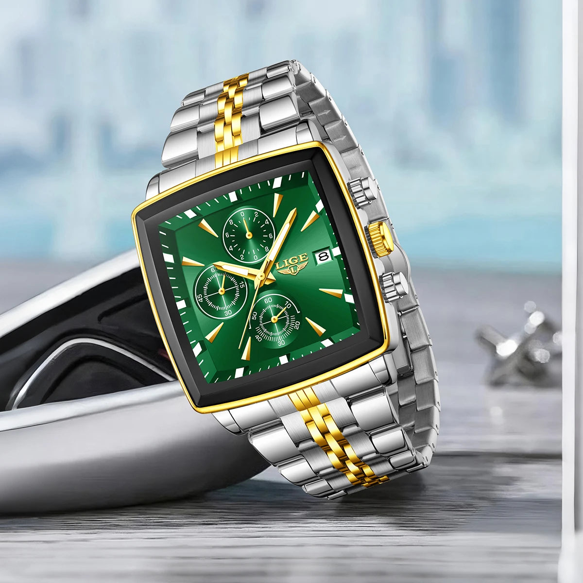 LIGE Luxusuhren für Herren, quadratisches Modell, klassischer und trendiger Stil, aus Edelstahl, wasserdicht, sportlich und lässig, mit Quarzwerk.