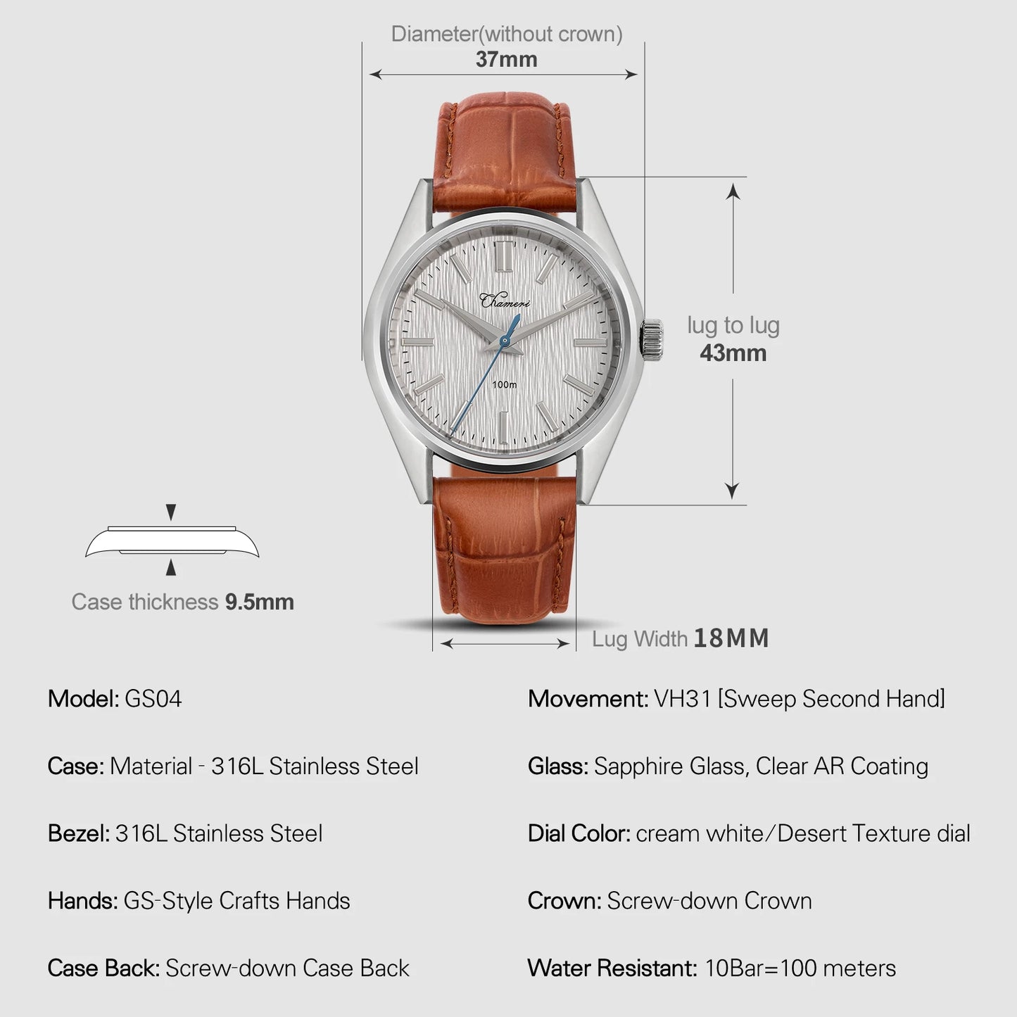 Watchdives Chameri GS04 Quartz Watches VH31 Movement Sapphire Crystal Ar 100M Waterproof Black Leather 37mm Vintage Wristwatches