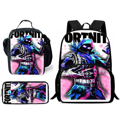 Mochilas Infantis com Design de Jogo Popular, Saco de Almoço e Estojo, Mochilas Escolares de Grande Capacidade para Alunos, Rapaz e Rapariga, Melhor Presente F-FortniteS