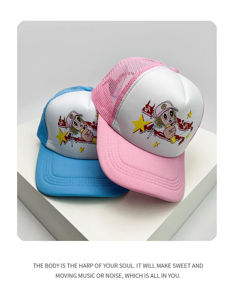Trucker-Caps im amerikanischen Stil mit Cruise-Print, Anime-Motiven und neuem Schriftzug – atmungsaktive Baseballmützen mit Netzfutter für Herren und Damen, vielseitig kombinierbar