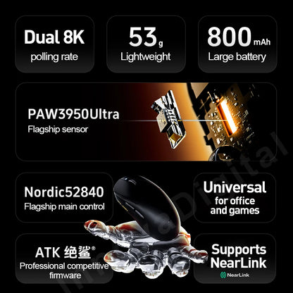 Ratón gaming inalámbrico ATK Dragonfly A9 Ultra PAW3950, ultraligero, trimodo, ergonómico, para esports y jugadores FPS, A9 SE Plus