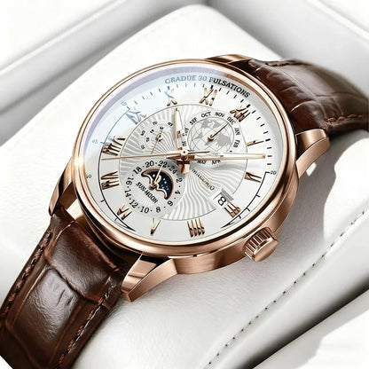 Men’s Luxury Sport Quartz Watch -  Waterproof Luminous Dial, Leather Strap & Date Display