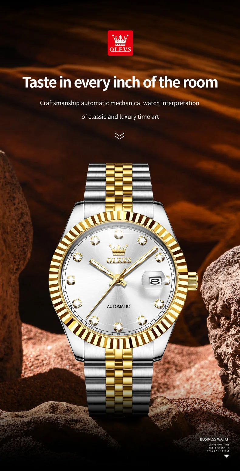 OLEVS New Automatic Watches Man Original Luxury Diamond Dial Stainless Steel Waterproof Auto Date Mechanical Watch for Men 6743