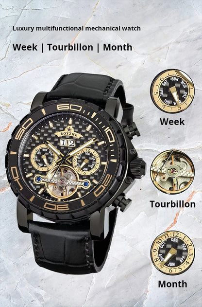 BOYZHE Brand Luxury Tourbillon Mechanical Watch Men Sports Leather Strap Waterproof Classic Date Week Automatic Sapphire Watches
