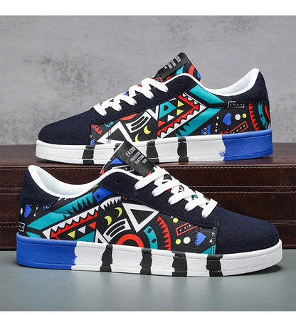 YRZL Sapatilhas de corrida desportivas para homem em lona, estilo geométrico, com atacadores, sapatilhas de casal com estampado graffiti moderno, sapatos de skate para homem
