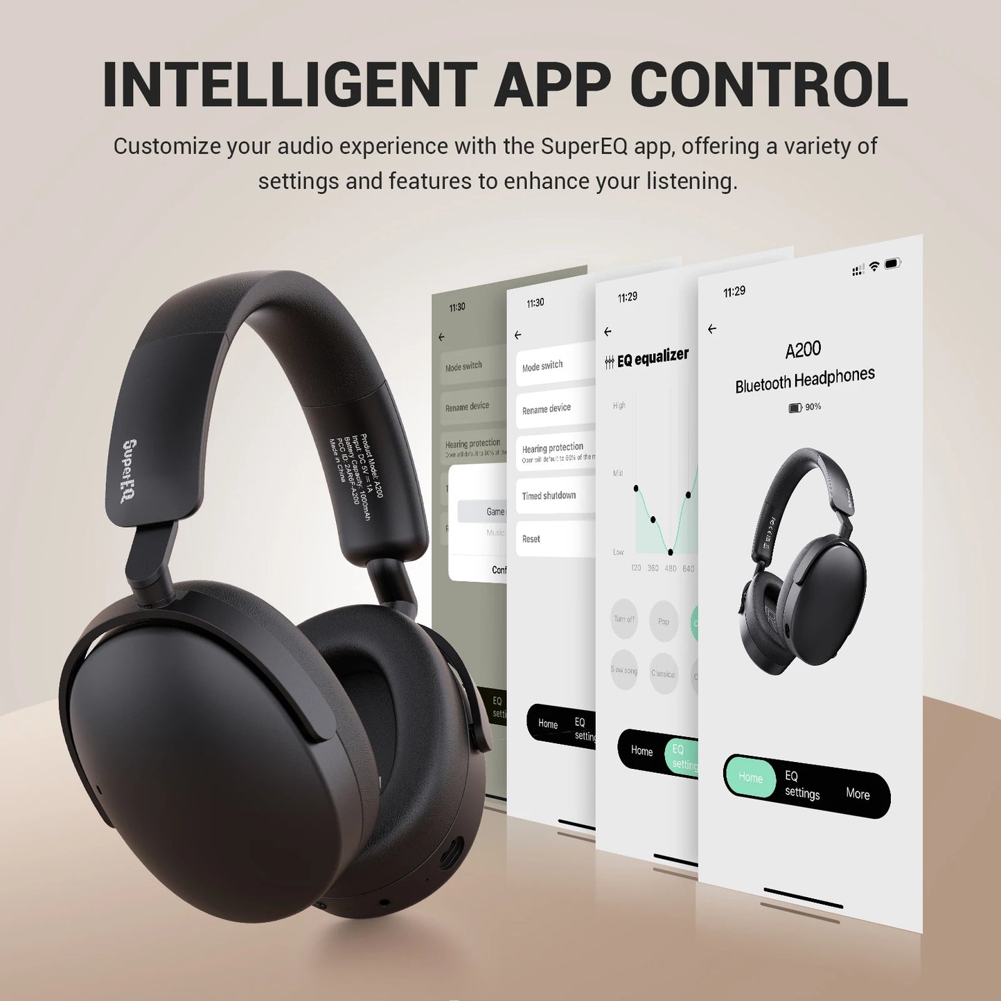 Oneodio SuperEQ A200 Cuffie wireless Bluetooth 5.4 ANC – Headset over-ear con cancellazione del rumore, microfono ENC, audio Hi-Res e controllo tramite app