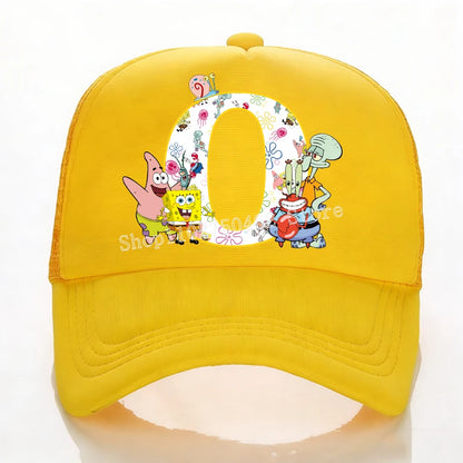 SpongeBobs Baseball Cap Kids Adult Summer Outdoor Sports Sun Hat Child Cute Letter A-Z Sunbonnet Breathable Mesh Headgear Gift