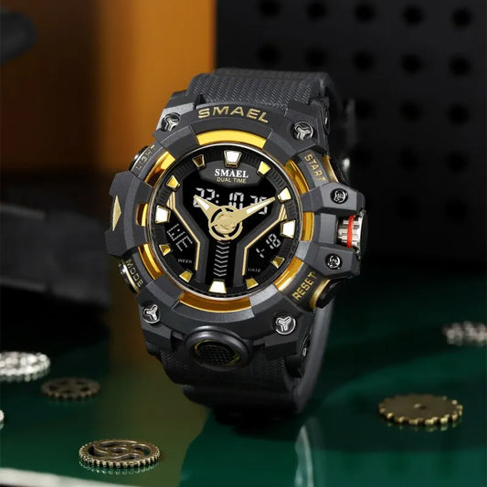 SMAEL 8075 Men's Analog Digital Dual Display Sport Watch - 50M Waterproof LED Backlight Dual Time Alarm Chronograph Stopwatch
