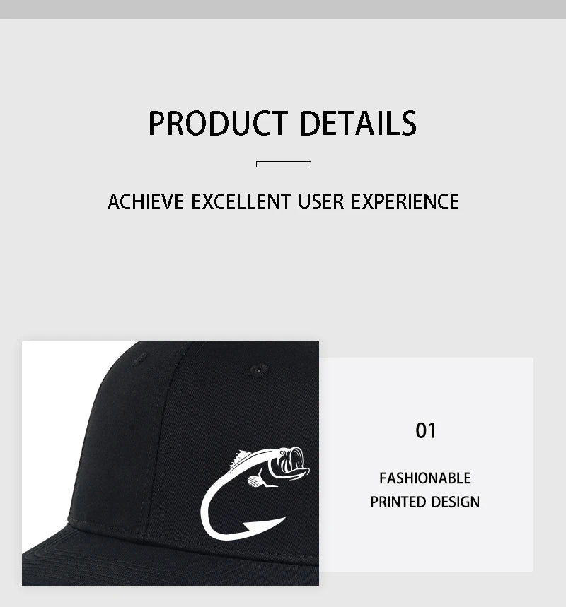 Trucker-kasket med bass-fiskekrog-print, justerbar, unisex, mesh, til fiskeentusiaster, solhat