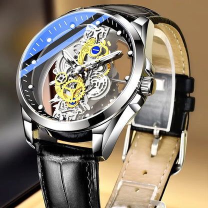 Trendy herenhorloge, model met dubbele opening, luxe gouden uitvoering, imitatie van een mechanisch tourbillon, quartz uurwerk.