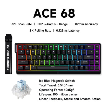 Tastiera gaming MCHOSE ACE 68 con switch magnetici Hall Effect, Rapid Trigger, RGB programmabile, 8K Hz, DKS/MT/TGL/RS/SOCD