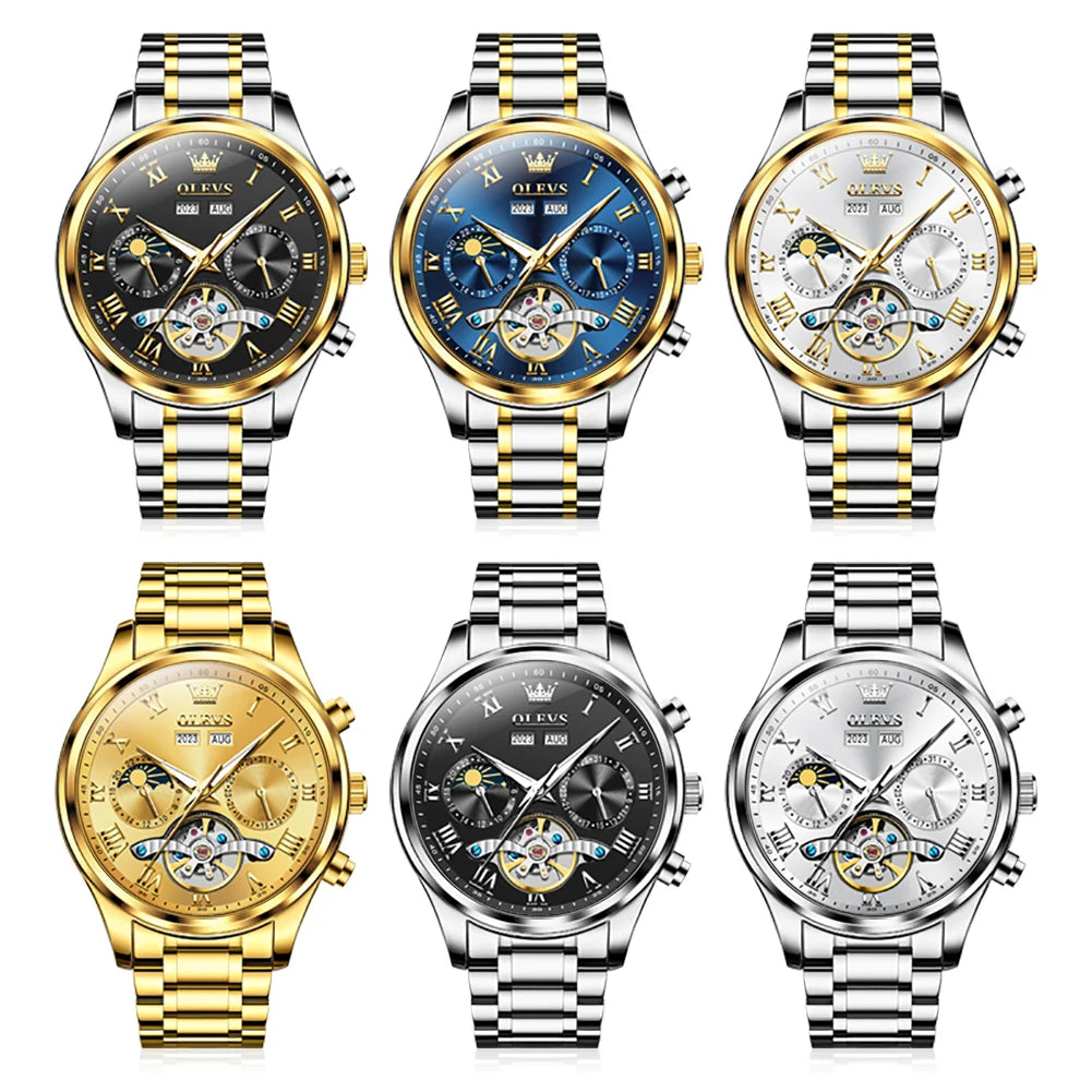 OLEVS 7005 Classic Business Mechanical Wristwatch for Man Skeleton Flywheel 24 Hour Moon Phase  Calendar Luxury Men's Watch