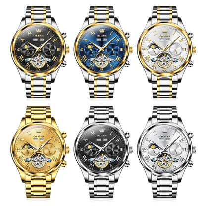 OLEVS 7005 Classic Business Mechanical Wristwatch for Man Skeleton Flywheel 24 Hour Moon Phase  Calendar Luxury Men's Watch