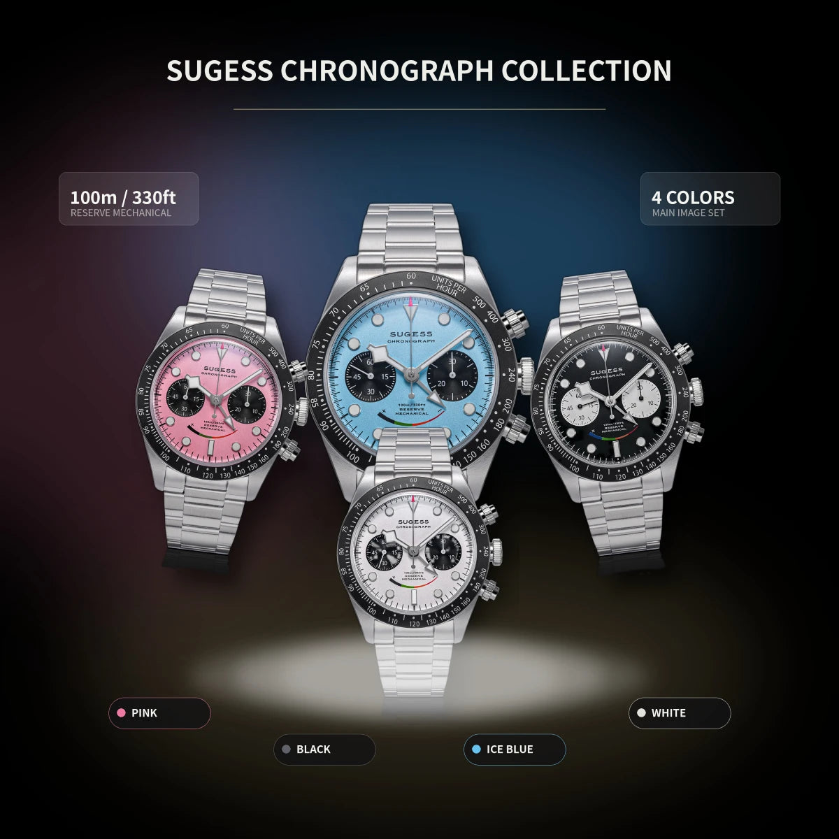 Sugess Chronograph Watch for Mens ST1907 Movement Mechanical Sapphire Crystal Wristwatches Waterproof Pilot Air Force Clock S475