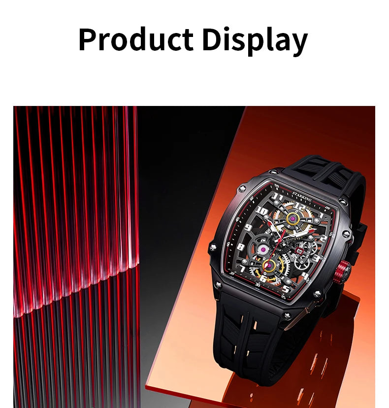 STARKING Luxury Men’s Automatic Mechanical Watch Skeleton Dial Silicone Band Tonneau Design Waterproof Luminous Sport Wristwatch