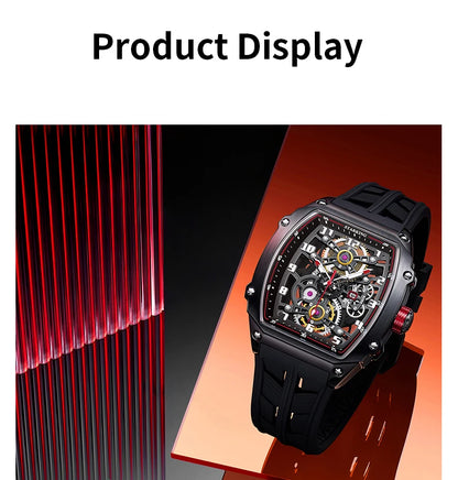 STARKING Luxury Men’s Automatic Mechanical Watch Skeleton Dial Silicone Band Tonneau Design Waterproof Luminous Sport Wristwatch