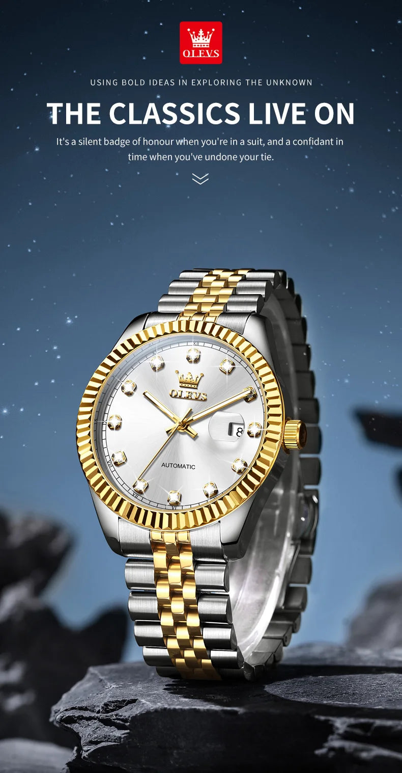 OLEVS New Automatic Watches Man Original Luxury Diamond Dial Stainless Steel Waterproof Auto Date Mechanical Watch for Men 6743