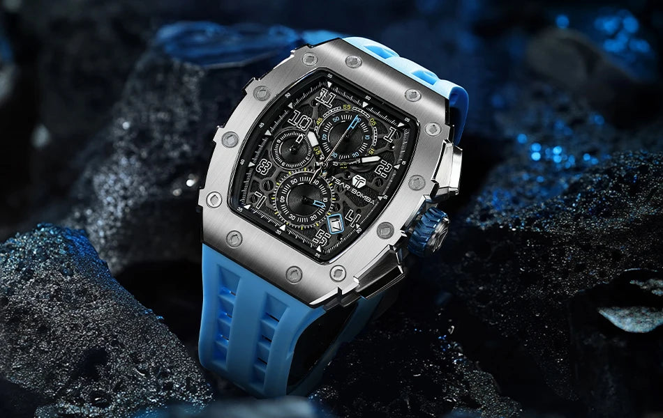 TSAR BOMBA Watch for Men Luxury Brand Tonneau Design Waterproof Clock Stainless Steel Wristwatch Fashion Rectangle Men's Watch