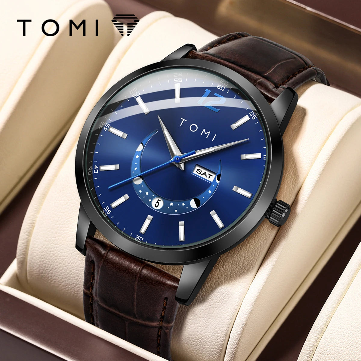 Reloj de cuarzo TOMI, de estilo elegante y profesional, con correa de piel, caja de aleación y esfera con agujas: diseño de alta gama, ideal como regalo para hombre.