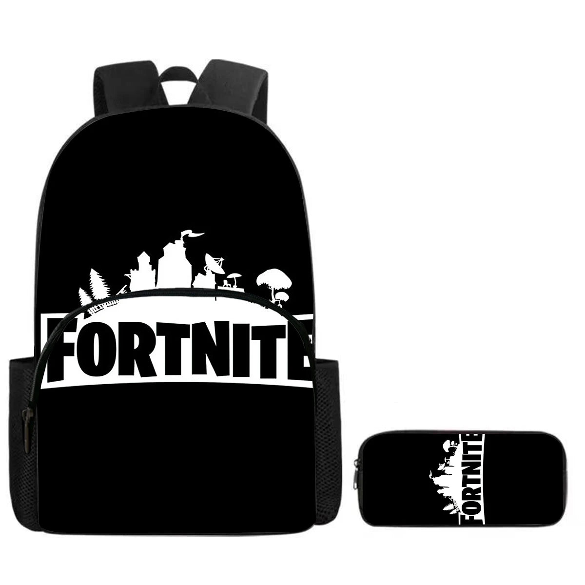 Fortnite Cartoon 2-Piece Set Backpack with Front Pocket Pencil Case Unisex Large Capacity School Bag Ages 5-8