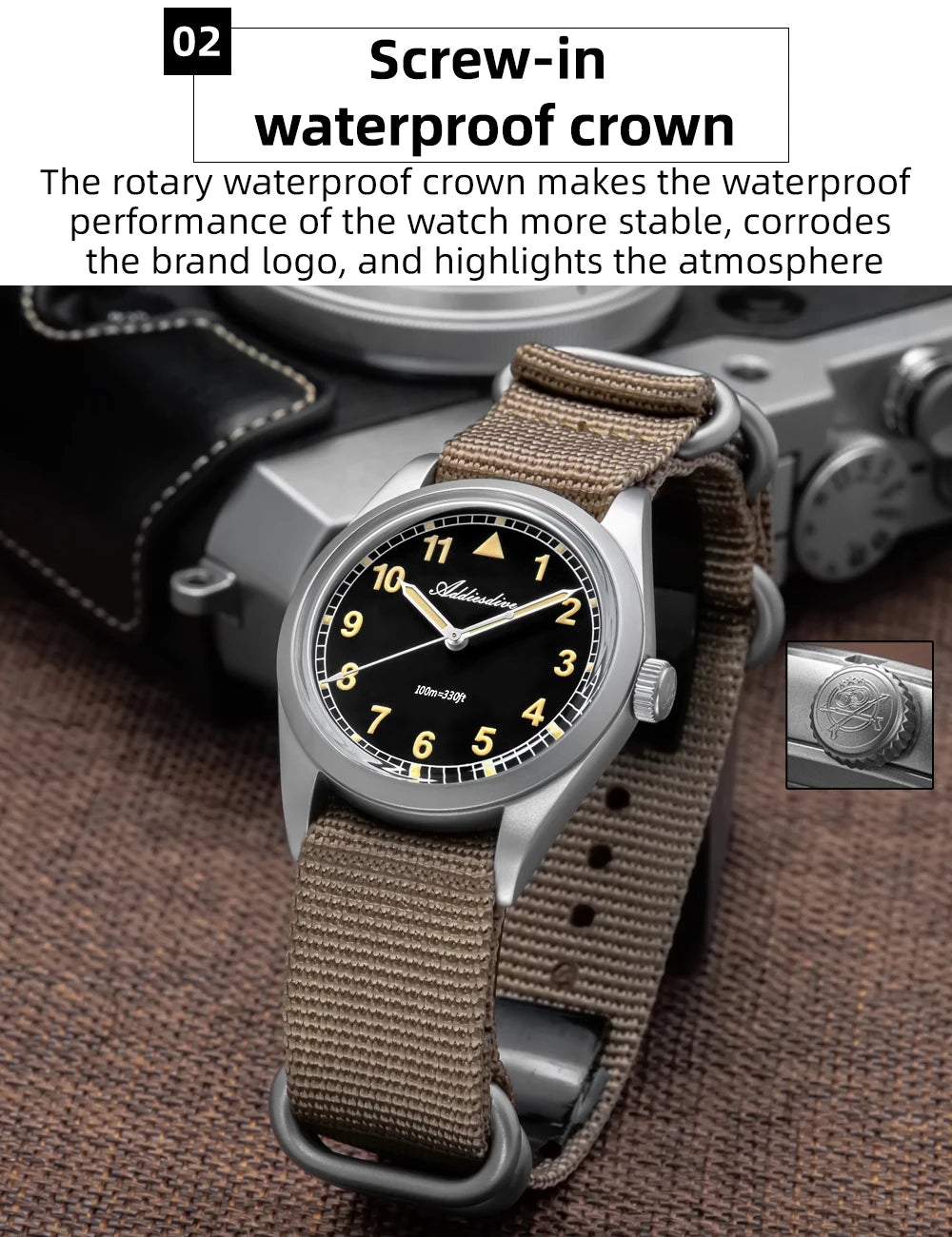 ADDIESDIVE 36mm Men's Analog Watch Bubble Mirror Glass 100m Waterproof Luminous Watch Simple men Quartz Watches with Nylon Strap