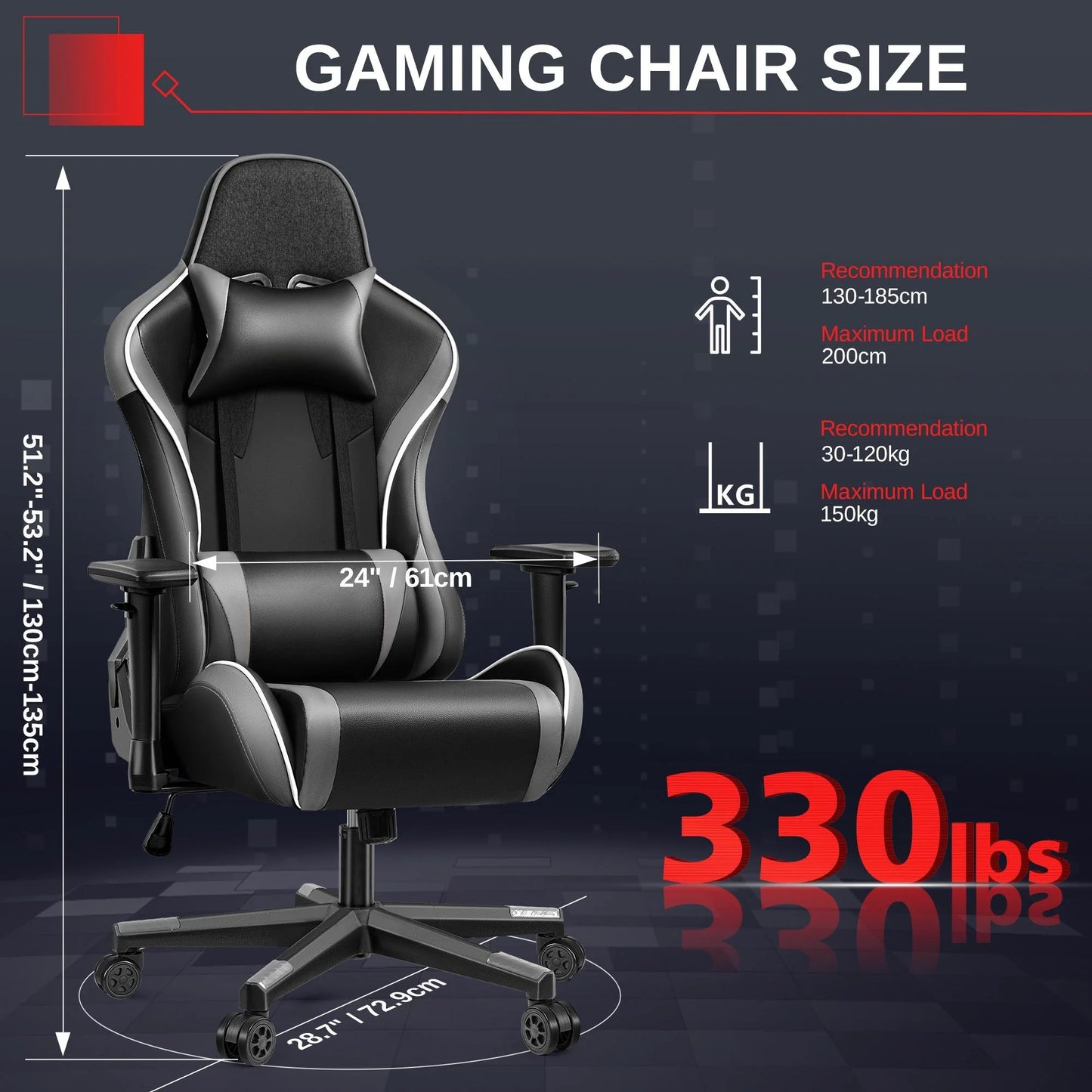 Ergonomic Gaming Chair with Headrest & Lumbar Pillow, 135° Reclining PU Leather Computer Chair for Gaming Office Setup