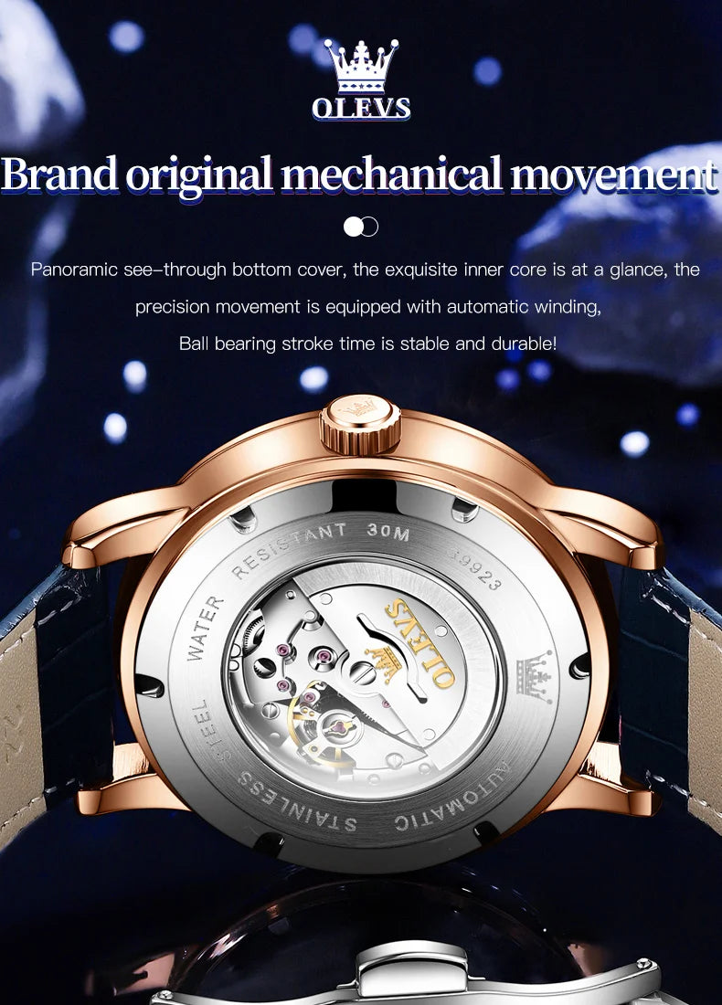 OLEVS 9923 Men's Watches Moon Phase Automatic Mechanical Watch for Man Blue Leather Luxury Dress Waterproof Luminous Wristwatch