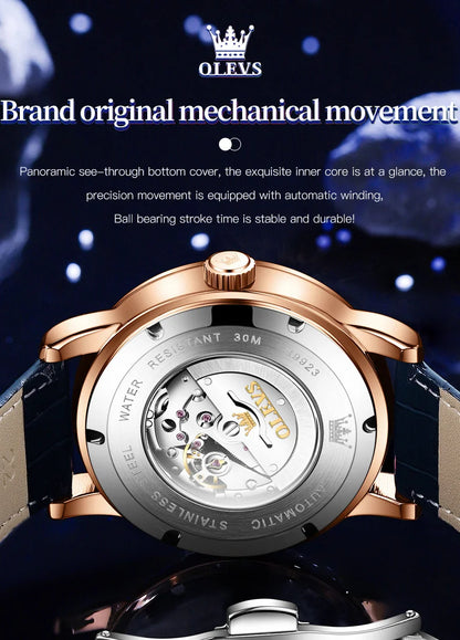 OLEVS 9923 Men's Watches Moon Phase Automatic Mechanical Watch for Man Blue Leather Luxury Dress Waterproof Luminous Wristwatch