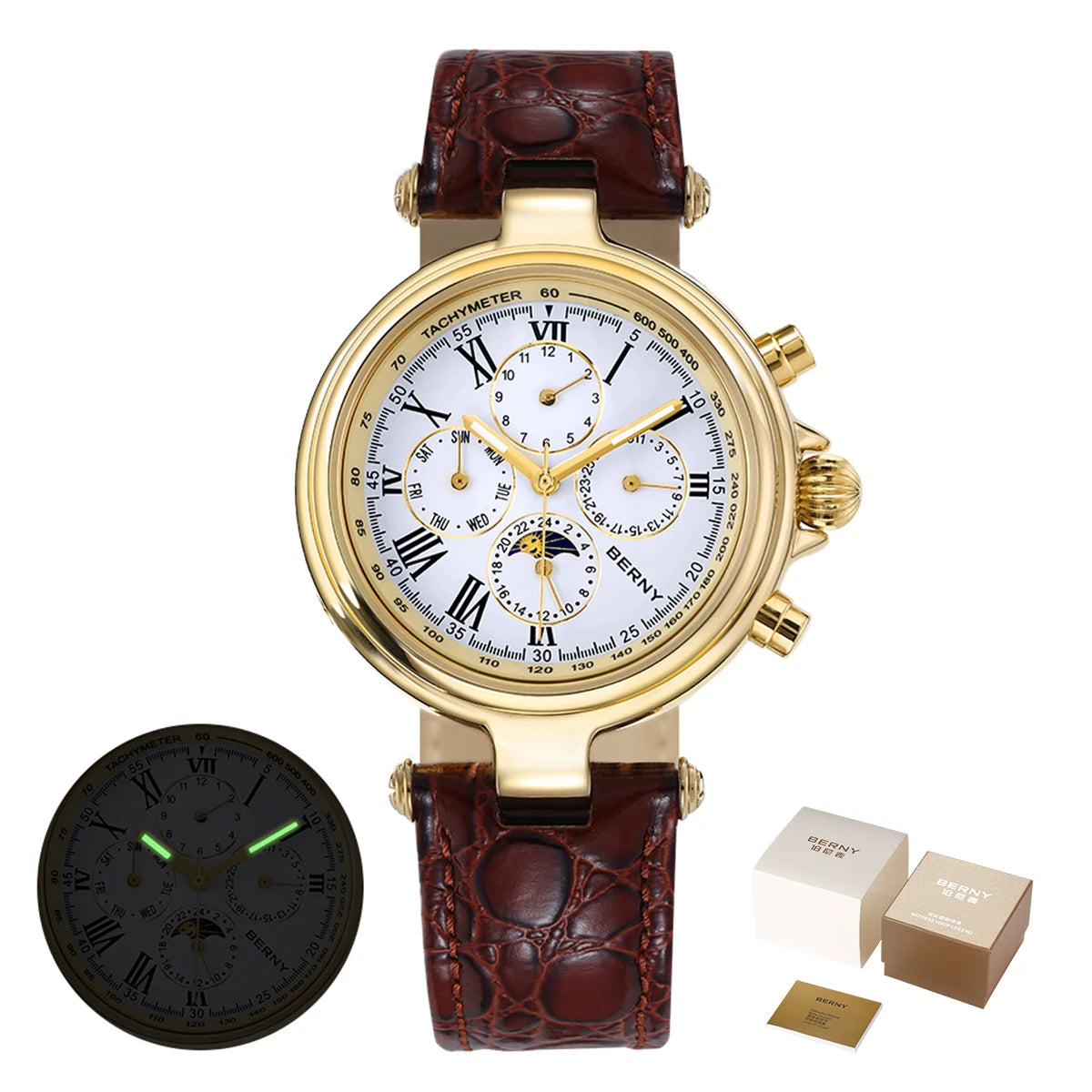 BERNY Classic Dress Automatic Watch for Men Luxury Stainless Steel Mechanical Wristwatch Leather Strap Waterproof Sliver Watches
