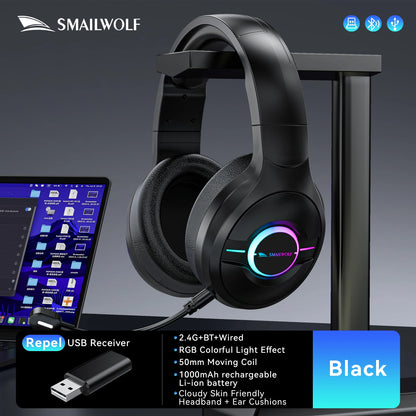 SMAILWOLF L80 Wireless Gaming Headset – Bluetooth 5.0 & 2.4GHz Triple-Mode Headphones with Microphone for PC, Laptop & Mobile Gaming
